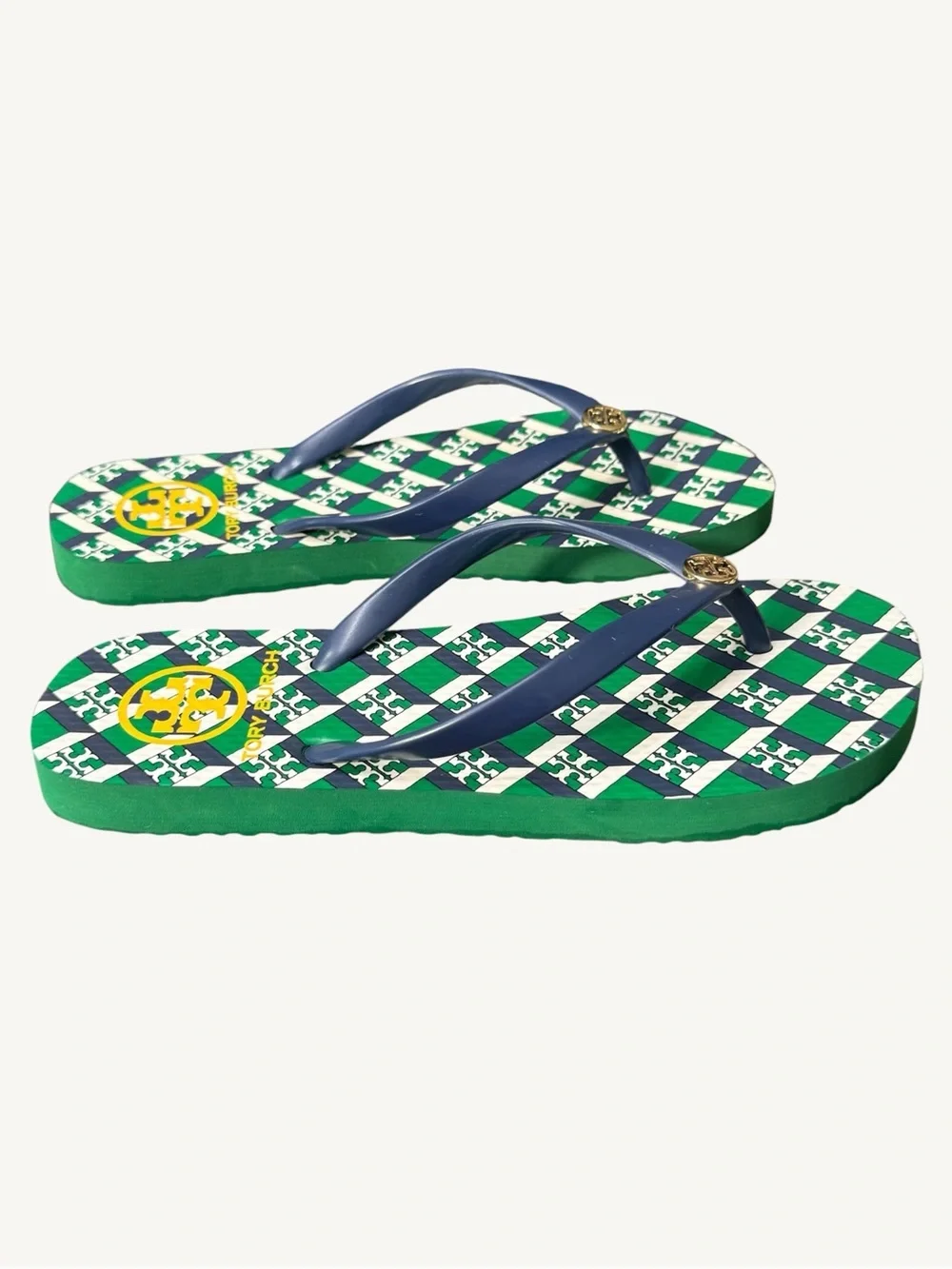 Tory Burch Green, Navy & White Check Logo Flip Flops Size 5 NWOT